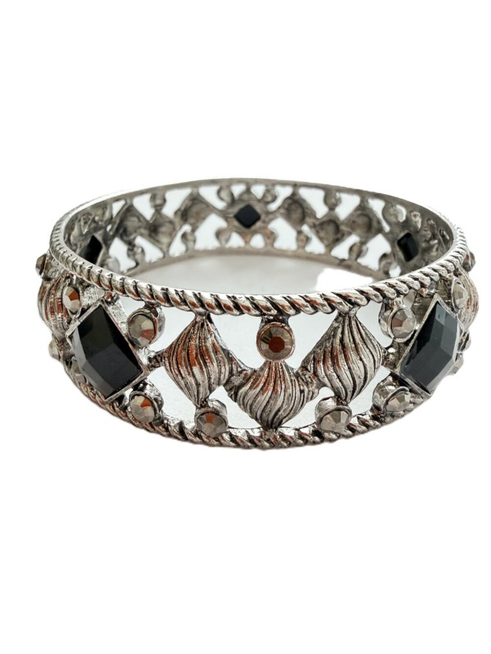 Vintage Silver Tone Open Work Bangle with Black & Grey Crystals — One Size